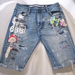 Blue Denim Shorts with Graphic Design Mens 42 Geind House